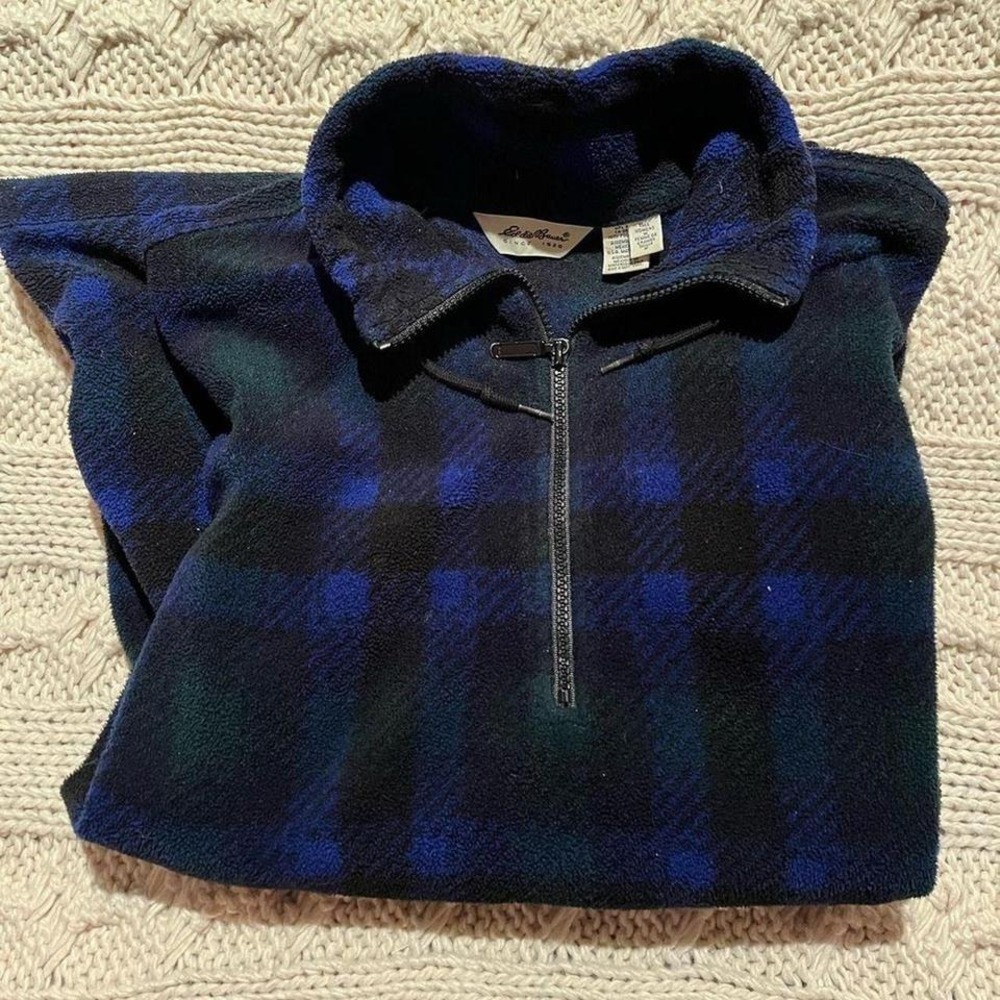 Vintage EDDIE BAUER 1/4 Zip Fleece Navy/Green Plaid 
Women's tall medium